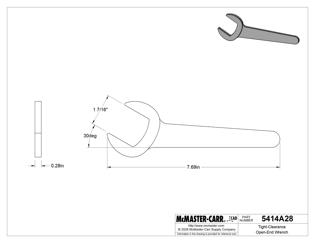 Technical Drawing of Tight-Clearance Open-End Wrench, Dull Chrome Plated, Round Opening, 1-7/16" Size, 7-11/16" Long.